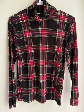 J. Crew Black Plaid Turtleneck Top with Red and Yellow Accents